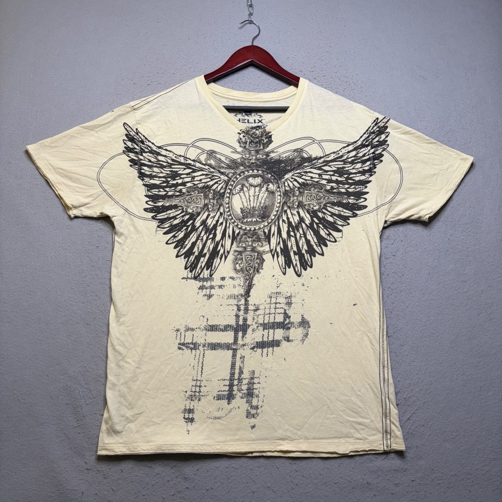 Helix Graphic Tee Mens 2XL Yellow Y2K Winged Crest V-Neck Distressed Streetwear